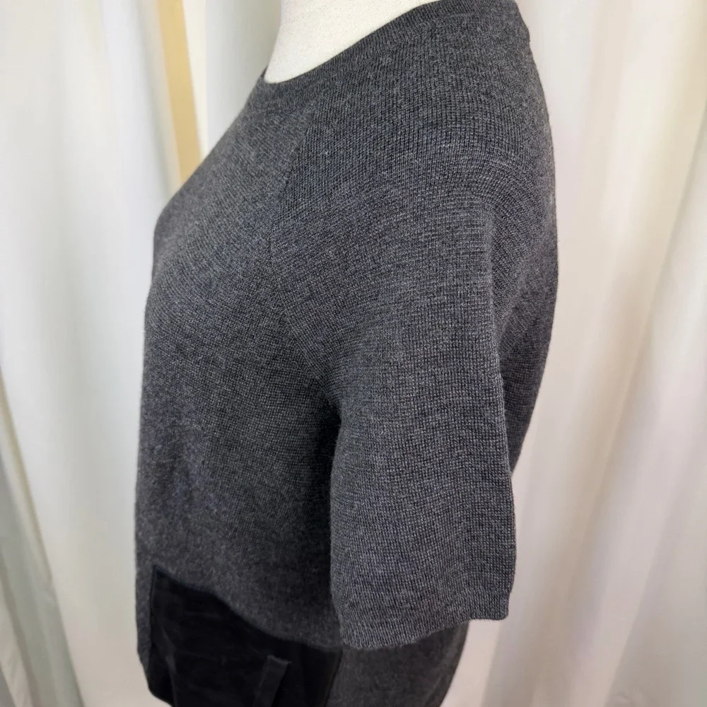 J. Crew Charcoal Gray Short Sleeve Merino Wool Sweater Tee w/ Leather Pockets S